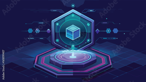 Futuristic portal isometric vector illustration data analysis machine learning with abstract glowing box for technology and science in neon cyberpunk background
