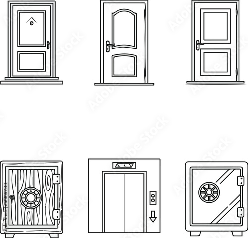 Create a Door type icons Collection in linear style Home entrance doors, classic interior doors, elevators and wooden or glass safes Simple design vector art with white background.