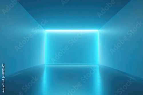 A cubical room bathed in light featuring reflective flooring and bright neon framing