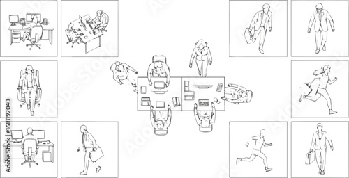 Create a kinds of deferent CAD Drawings. Set people outlines Sitting, walking, running. Top view. vector art with white background.