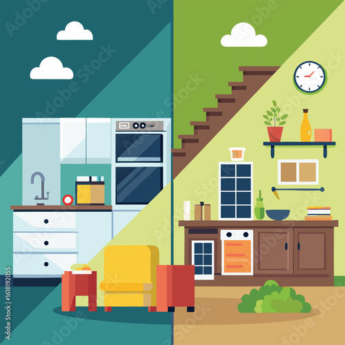 Interior design kitchen and living room illustration flat design style with furnishings stairs clock shelves cabinets and plants half division