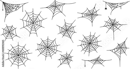 Set of web silhouettes. Spider web collection for halloween. Black and white illustration of elements for decor for the celebration of Halloween.
