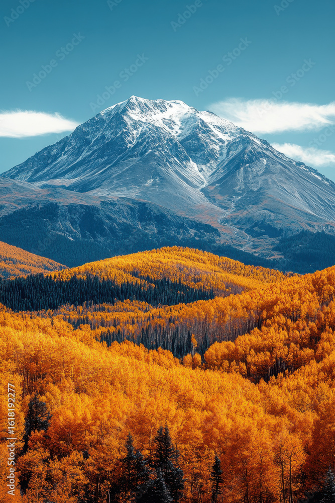 Naklejka premium Vibrant fall colors on mountain range in foreground.