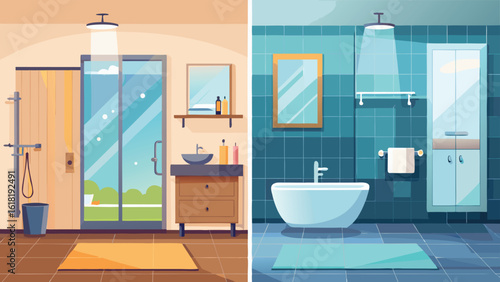 Modern bathroom interior design concept showcasing two styles with tubs,showers,mirrors and accessories,featuring clean lines and minimalist decor elements in contrasting colors
