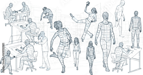 Create a kinds of deferent CAD Drawings. Set people outlines Sitting, walking, dancing, etc. vector art with white background.