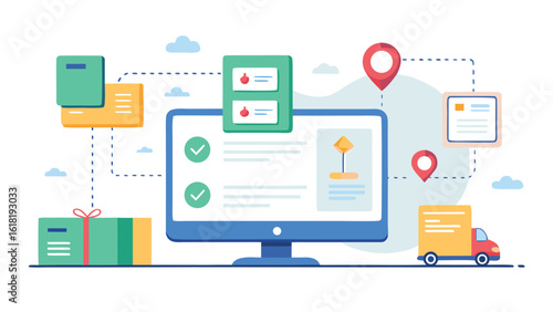 Online order tracking system for delivery with a truck and map pin location indicators vector illustration for website or mobile application