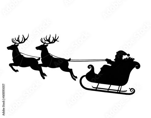 Classic Santa Sleigh Silhouette with Reindeer Flying Isolated on Transparent Background PNG