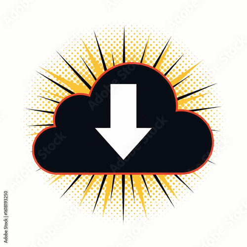 Dynamic pop art cloud download icon with explosion effect and halftone background.