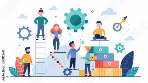 Team collaboration achieving goals together flat illustration employees working together reaching top startup project development corporate success people with rocket