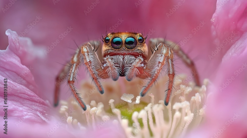 Fototapeta premium Close-up of a spider on a blooming flower petal