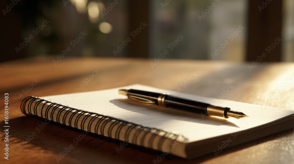 Fototapeta premium A close-up of a blank notebook and pen on a desk, representing the process of writing or capturing thoughts and opinions, with soft lighting creating a reflective atmosphere