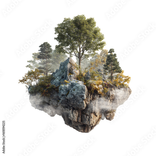 Floating island with trees and rocks, enveloped in mist
