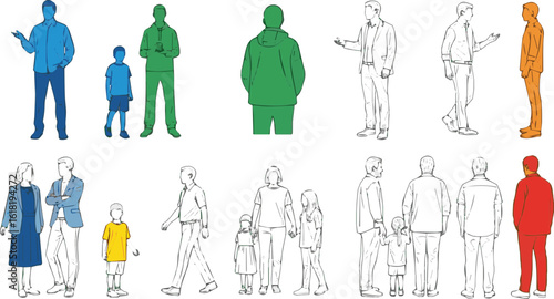 Create a kinds of deferent People line cad art men, women, and kid standing walking talking in front back and side view. Symbol for architecture and landscape design drawing. vector art .