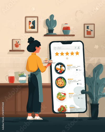 Woman ordering food online digital menu illustration