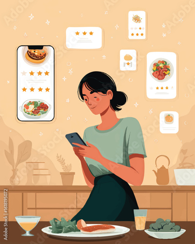 Woman ordering food online kitchen illustration