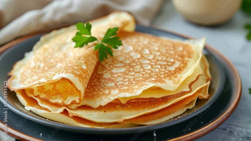 A stack of crepes on a dark plate garnished with parsley on a textured gray surface in a close up view A stack of crepes on a dark plate garnished with parsley on a textured gray surface in a close up view