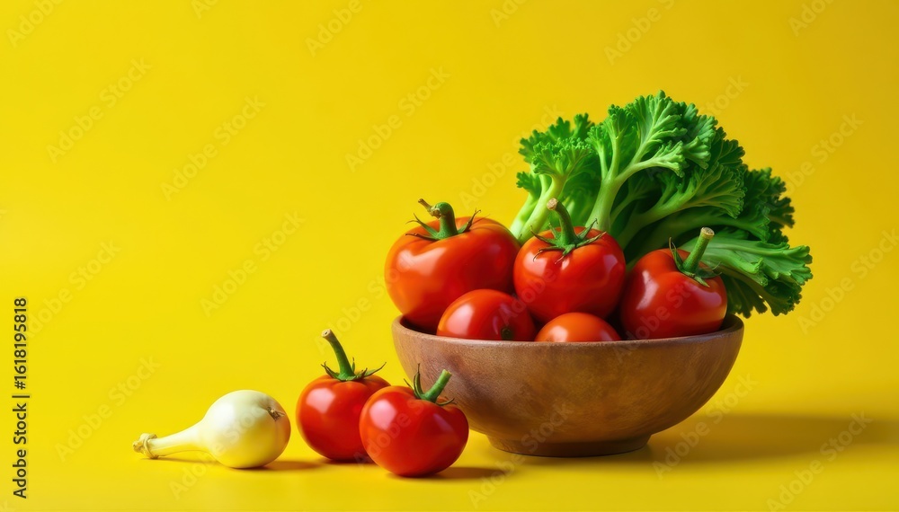 Colorful raw vegetables in a rustic bowl, yellow backdrop , vegetables, vegetarian Colorful raw vegetables in a rustic bowl, yellow backdrop , vegetables, vegetarian