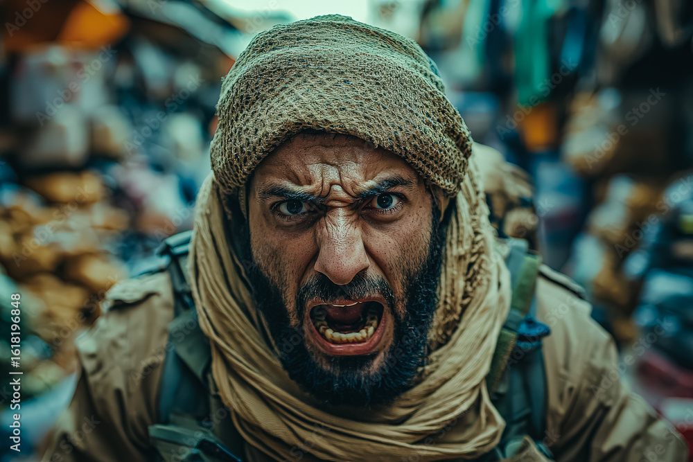 Obraz premium Intense expression of a man wearing traditional attire, shouting passionately in a vibrant market filled with colorful goods and busy surroundings, capturing the energy of the scene