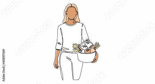 One line drawing of woman holding bowl of vegetables in her hands. One line drawing shows simple minimalist art, carrying fresh food, ready to cook dinner.
