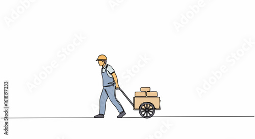 Manual worker pulling cart illustration, showing laborious occupation. Manual worker moving boxes using cart illustration, for logistics and moving of items with wheeled pushcart.