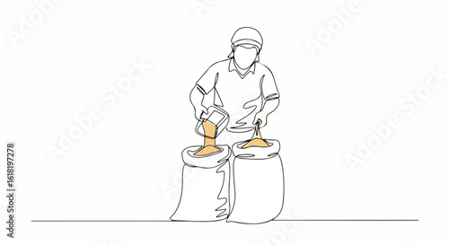 Farmer filling sacks with grain depicted in line art, showing Grain harvest in action. Filling sacks with grain are farmer's daily routine, representing a traditional agricultural practice.