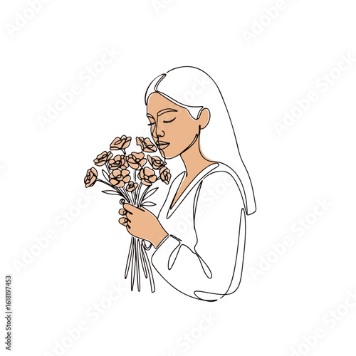 Aesthetic line art of woman smelling flowers, beautiful one-line drawing. Continuous line shows female smelling flowers, minimalist art with gentle flower bouquet,