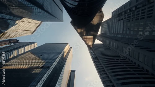 Looking Up at Modern Skyscrapers in a Cityscape During Daylight with Sunlight Glinting Off Glass Facades