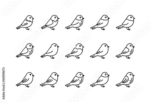 Tiny bird illustration set: A clean, minimalistic set featuring rows of adorable bird illustrations in a variety of poses, perfect for adding a touch of whimsy and charm to any project.