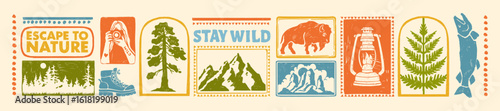Hiking camping badge set, hand drawn wild nature forest print, retro adventure emblem pine tree logo. Mountain silhouette, American park tourism stamp, discover wildlife sticker. Vintage hiking badge