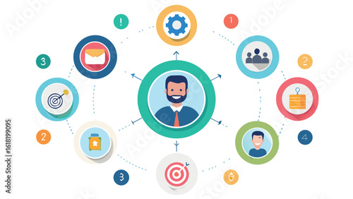 Business concept illustrating teamwork and individual contributions with icons collaboration communication