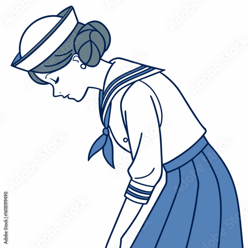 Illustration of a young woman in a blue and white sailor uniform bowing on a white background greeting