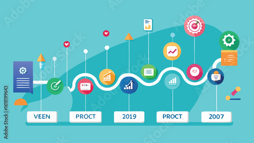 Business infographic timeline with icons representing growth, data analysis, and project milestones on a teal background
