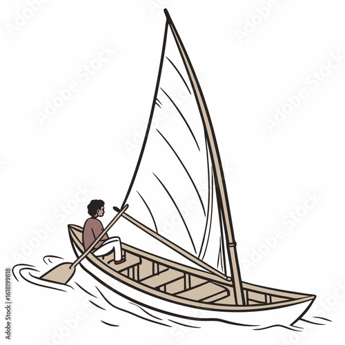 Person rowing a sailboat with a tan sail on white water canoe