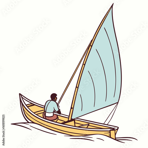 Person sailing a yellow canoe with a light blue sail on wavy water boat waves