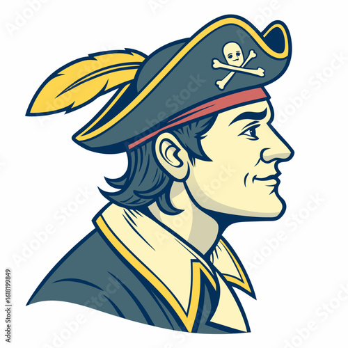 Pirate captain wearing a tricorn hat with skull and crossbones emblem and feather vector