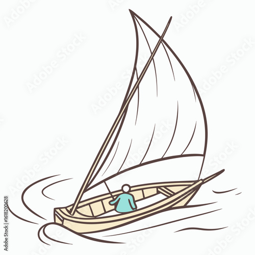 Simple illustration of a person sailing a canoe with a tan hull and white sails on wavy water boat waves