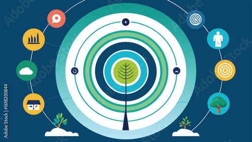 Circular diagram with concentric rings and icons representing growth and development abstract analysis