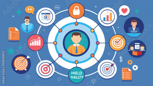 Circular diagram illustrating business concepts with icons for goals targets people and data analysis