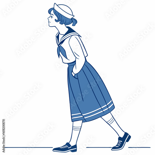 Stylized illustration of a young woman in a blue and white sailor uniform walking school uniform girl