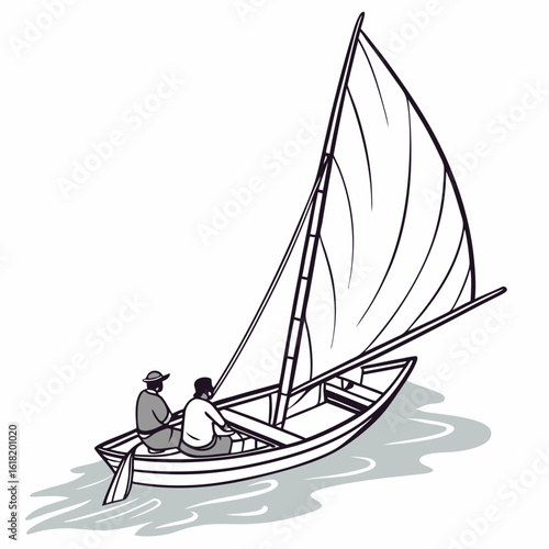 Two people sailing in a small boat with a large sail on grey water canoe