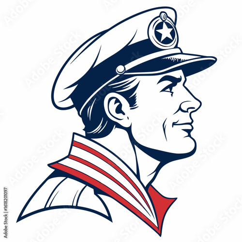 Vintage style man in captain hat with star emblem and red white stripes profile retro