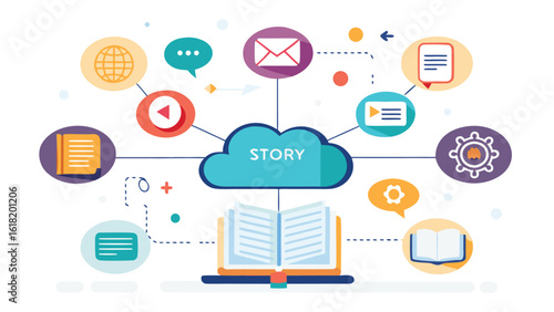 Cloud-based storytelling concept with connected icons for different media and content creation technology