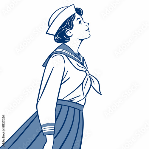 Young woman in blue and white sailor uniform looking up with a smile girl