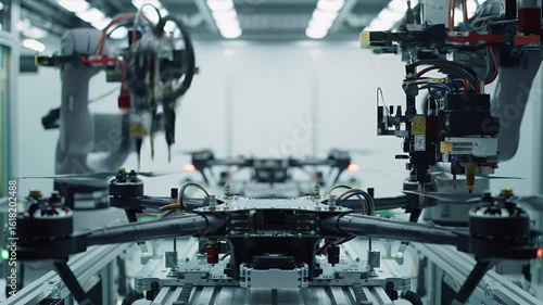 Silent Drone Production Line Featuring Automated Assembly and Precision Robotics in a Modern Manufacturing Environment with White Background Highlighting Technological Advancement and Industrial