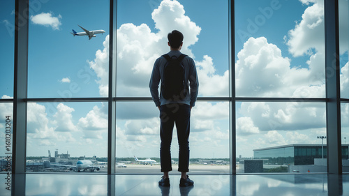 International Student Arrival - Young Asian Traveler at Airport Terminal Window for Educational Exchange Programs, Student Mobility, and May Academic Experiences