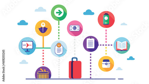 Flat design icons connected by dotted lines showing travel and business concepts on white Keywords: travel, business, icons, flat design, connection, network, communication