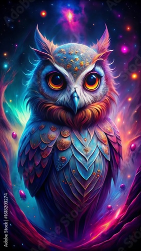 Whimsical owl with vibrant cosmic background