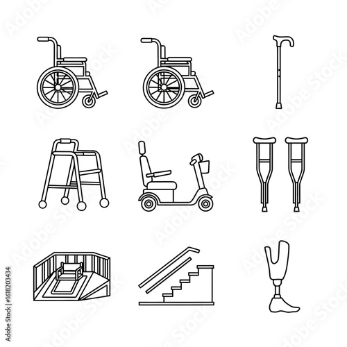 Mobility Aid and Accessibility Icons Set – Line Style Medical Equipment Vector