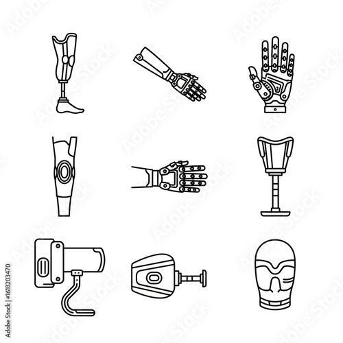 Collection of line art illustrations depicting various prosthetic limbs, including arms, hands, and legs, showcasing different designs.