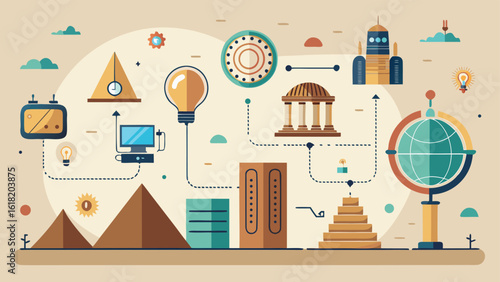 Global Technology and Knowledge Infographic with Diverse Icons and Structures science education